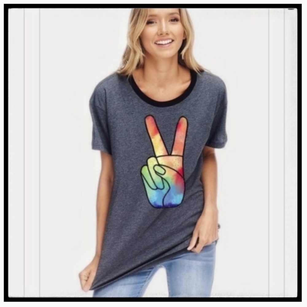 Graphic Tee, Rainbow Peace Hand Sign, New!